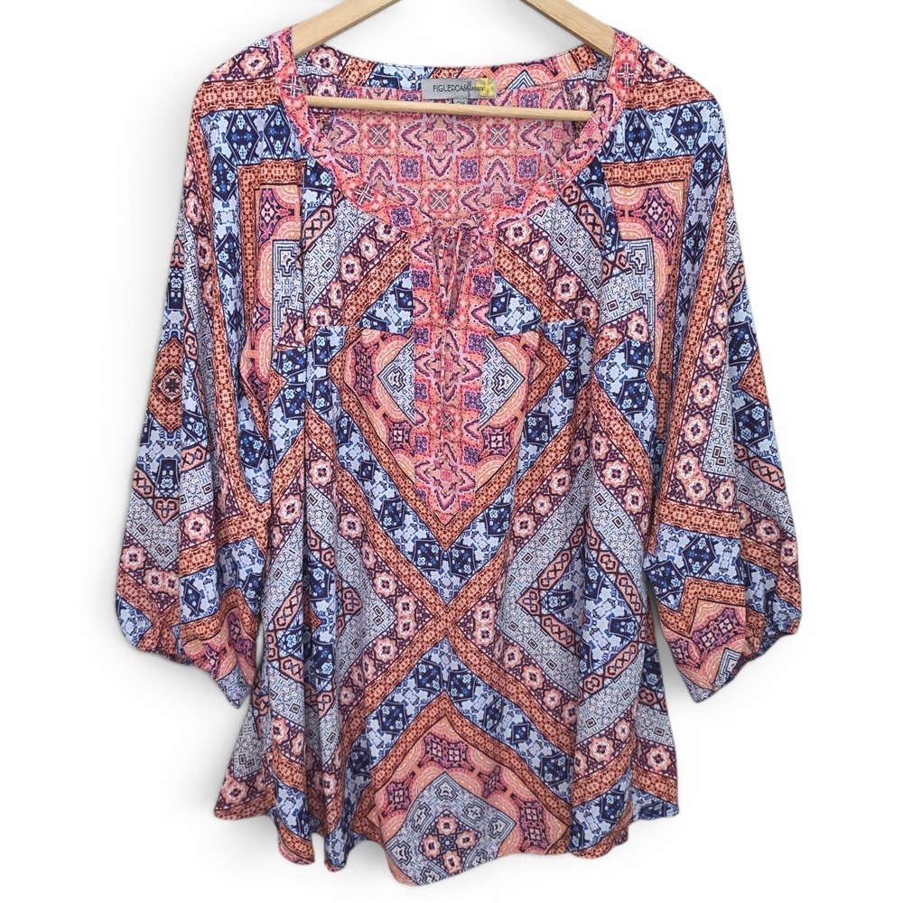 Figueroa & Flower Top Womens Plus 2X Pink‎ Blue Sheer Blouse Neck Tie Casual